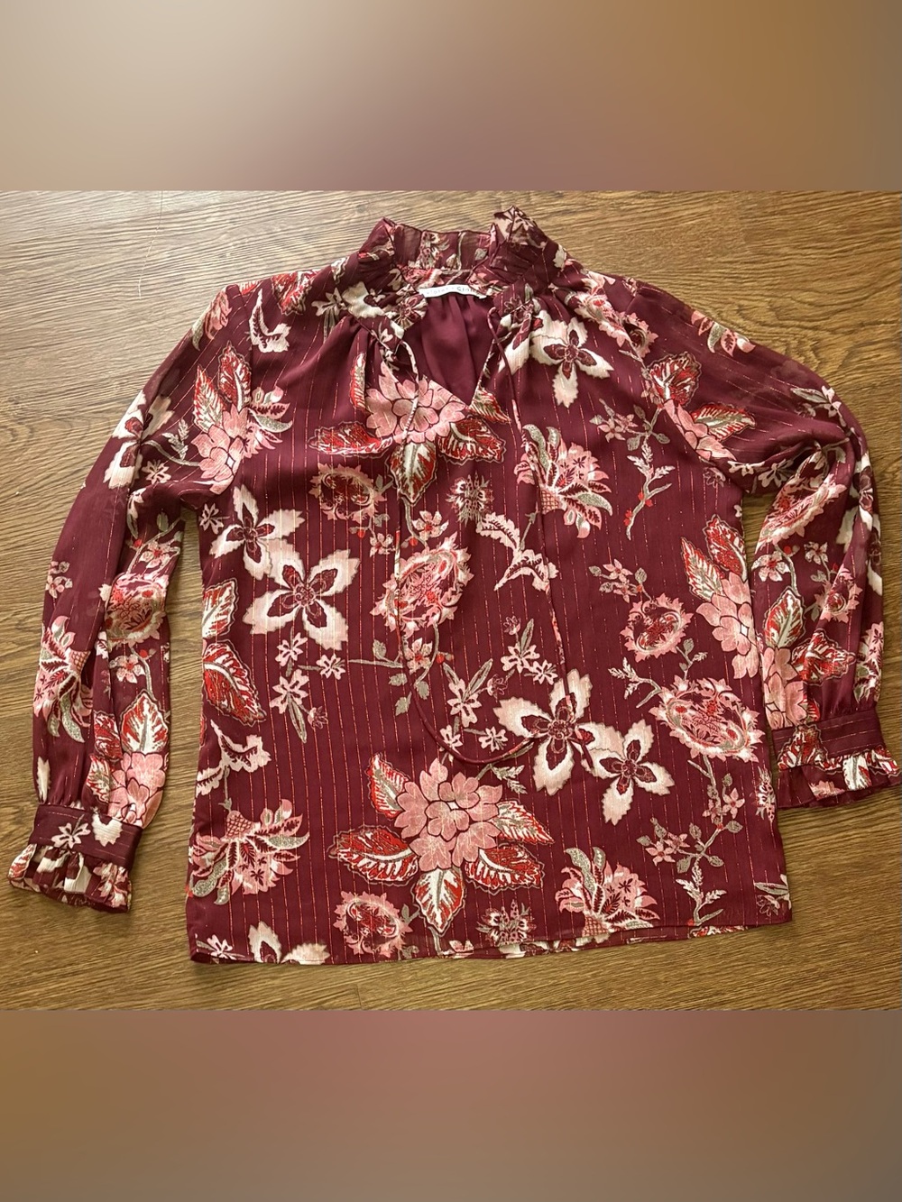 Violet & Claire Burgundy Floral Ruffle-Neck Blouse